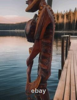 Sculpture en bois folklorique caribéen homme en bois sculpté à la main très détaillée de 2 pieds 7 pouces