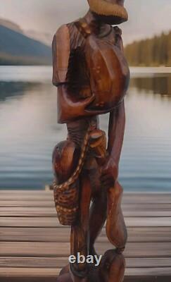Sculpture en bois folklorique caribéen homme en bois sculpté à la main très détaillée de 2 pieds 7 pouces