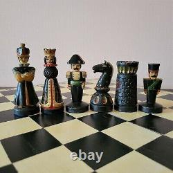 Set D'échecs Soviétique Sculpté 60s Folk Art Vintage En Bois Urss Russie Antique