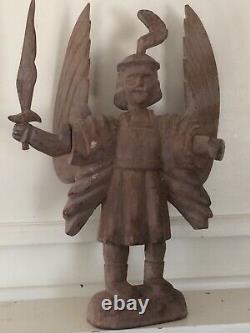 Statue Antique De Michael D’archange D’art Folklorique Religieux En Bois Sculpté À La Main