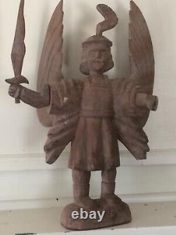 Statue Antique De Michael D’archange D’art Folklorique Religieux En Bois Sculpté À La Main