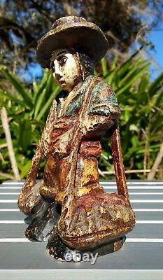 Statue Sculptée Espagnole En Bois Primitif Marqué Polychrome Paysan Vintage Folk Art