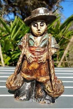 Statue Sculptée Espagnole En Bois Primitif Marqué Polychrome Paysan Vintage Folk Art