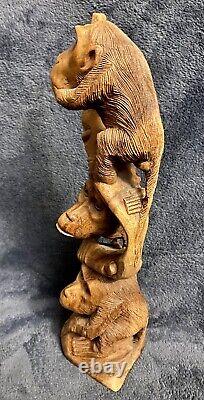 Statue Totem de Singe en Bois Sculpté d'Art Populaire Vintage 14