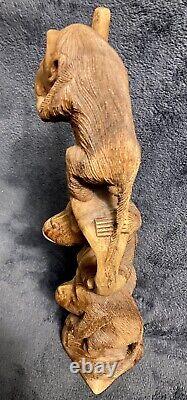 Statue Totem de Singe en Bois Sculpté d'Art Populaire Vintage 14