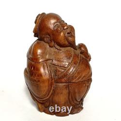 Statue ancienne en racine de bambou sculptée, homme âgé buvant, art populaire chinois, 5,5 pouces <br/>

