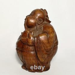 Statue ancienne en racine de bambou sculptée, homme âgé buvant, art populaire chinois, 5,5 pouces<br/>
