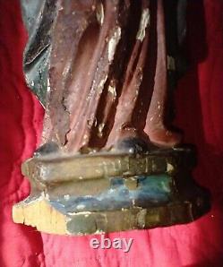 Statue antique en bois sculpté à la main de la Vierge Marie Jésus Santos en polychromie, art populaire