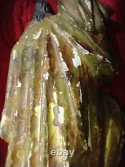 Statue antique en bois sculpté à la main de la Vierge Marie Jésus Santos en polychromie, art populaire