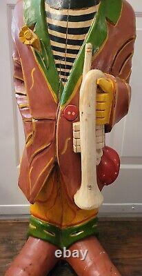 Statue de clown en bois sculpté à la main grandeur nature VTG. Collection d'art populaire. Halloween.