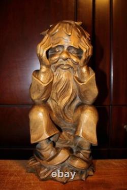 Statue de gnome penseur Rübezahl en bois sculpté à la main 13 Art folklorique Décoration Cadeau