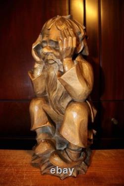 Statue de gnome penseur Rübezahl en bois sculpté à la main 13 Art folklorique Décoration Cadeau