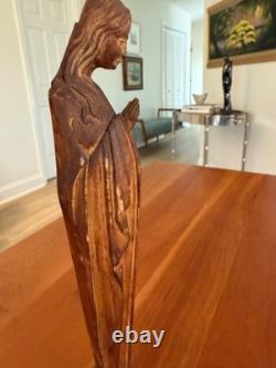 Statue de la Madone en bois sculpté à la main ViTG, Reine du Monde, 12,5 art populaire signée JW