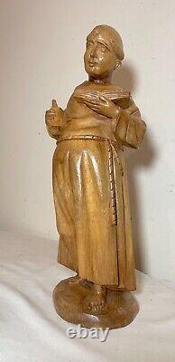Statue de moine franciscain en bois sculpté à la main, art populaire ancien