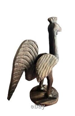 Statue de poulet en bois sculpté à la main, art populaire antique, oiseau de ferme rustique primitif