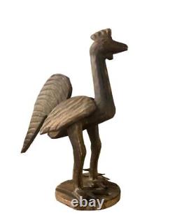 Statue de poulet en bois sculpté à la main, art populaire antique, oiseau de ferme rustique primitif