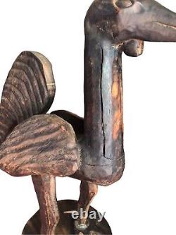 Statue de poulet en bois sculpté à la main, art populaire antique, oiseau de ferme rustique primitif