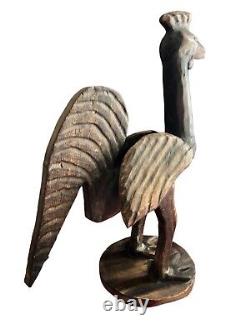 Statue de poulet en bois sculpté à la main, art populaire antique, oiseau de ferme rustique primitif
