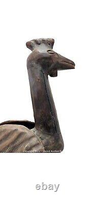 Statue de poulet en bois sculpté à la main, art populaire antique, oiseau de ferme rustique primitif