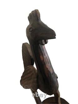 Statue de poulet en bois sculpté à la main, art populaire antique, oiseau de ferme rustique primitif