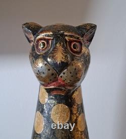 Statue en Bois Peinte et Sculptée à la Main de Totem Folk Art en Vintage, Chat Léopard, 20 Pouces de Haut
