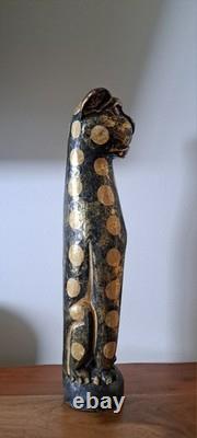 Statue en Bois Peinte et Sculptée à la Main de Totem Folk Art en Vintage, Chat Léopard, 20 Pouces de Haut