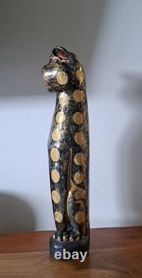 Statue en Bois Peinte et Sculptée à la Main de Totem Folk Art en Vintage, Chat Léopard, 20 Pouces de Haut