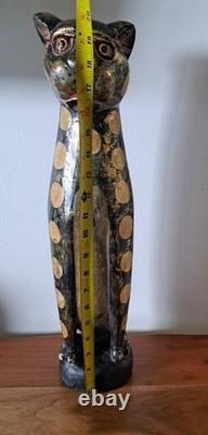 Statue en Bois Peinte et Sculptée à la Main de Totem Folk Art en Vintage, Chat Léopard, 20 Pouces de Haut