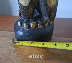 Statue en Bois Peinte et Sculptée à la Main de Totem Folk Art en Vintage, Chat Léopard, 20 Pouces de Haut