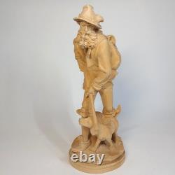 Statue en bois sculptée à la main, chasseur avec chien par Karl Führler Oberammergau - SIGNÉE