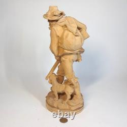 Statue en bois sculptée à la main, chasseur avec chien par Karl Führler Oberammergau - SIGNÉE
