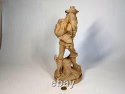 Statue en bois sculptée à la main, chasseur avec chien par Karl Führler Oberammergau - SIGNÉE