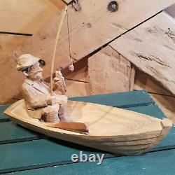 Swedish Folk Art Fisherman Canoe Figurine Bois Sculpté Bateau 11 Vtg Swanky Barn
