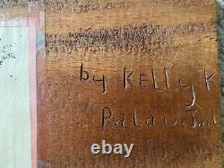 Tableau d'histoire en bois sculpté à la main de la prison de Palau signé par un Palauan, art populaire de la tortue Ngemelis
