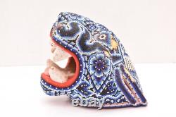 Tête de jaguar en perles huichol vintage sculpture en bois sculpté art populaire mexicain 7