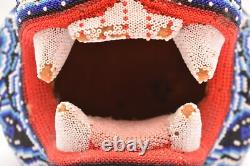 Tête de jaguar en perles huichol vintage sculpture en bois sculpté art populaire mexicain 7