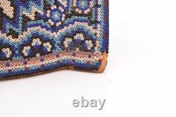 Tête de jaguar en perles huichol vintage sculpture en bois sculpté art populaire mexicain 7