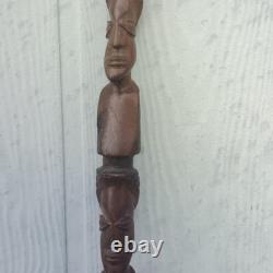 Totem en Bois Sculpté à la Main Vintage Tribal 30 Visages Figuratifs Art Populaire