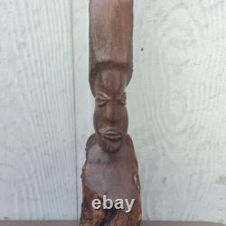 Totem en Bois Sculpté à la Main Vintage Tribal 30 Visages Figuratifs Art Populaire