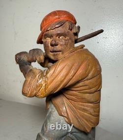 Très rare sculpture statue en bois sculpté à la main de l'art populaire de baseball des années 1800