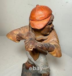 Très rare sculpture statue en bois sculpté à la main de l'art populaire de baseball des années 1800
