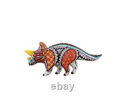 Tricératops Alebrije, sculpture en bois d'Oaxaca, art populaire fait main dinosaure
