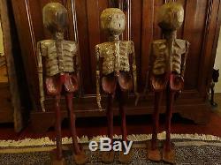 Trio De Vintage Guatemala Sculpté San Pascual Squelettes Collection Folk Art