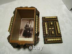 Victorian Tramp Art Carved Wood Cigar Trinket Dresser Box Folk Art 9 1⁄2 W