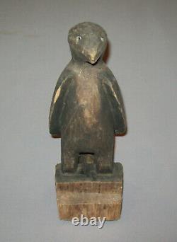 Vieille Antique Vtg Ca 1900s Folk Art Main Sculptée En Bois Crow Figure Peinture Originale