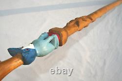 Vieille Canne À Chien Bleu Sculptée À La Main Signée Folk Art American Walking Stick