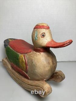 Vieille Main En Bois Sculptée Duck Rocking Cheval Peint Art Populaire Primitif