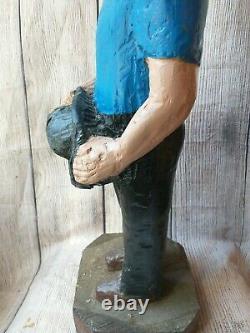 Vieille Main Sculptée En Bois Folk Art Fireman Peint À La Main Figure Large 27 Pouces