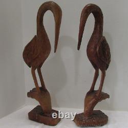 Vieille Paire Sculptée À La Main 17 Grandes Grues En Bois Herons Art Populaire Primitif