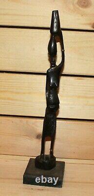 Vieille Statuette Africaine Sculptée À La Main En Bois Femme Porte Navire Sur Sa Tête